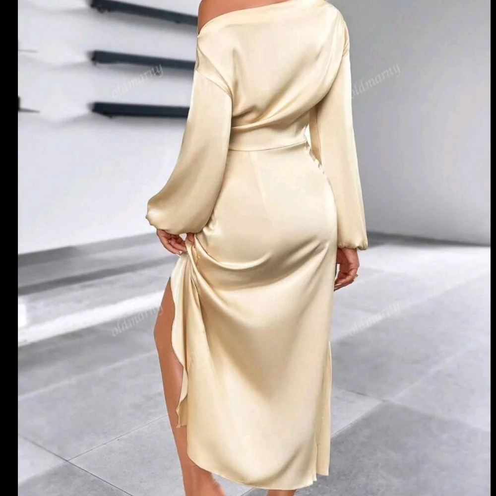 Solid Color Asymmetrical Neck Long Sleeves Waist Twist High Slit Sexy Satin Eleg - Picture 2 of 5